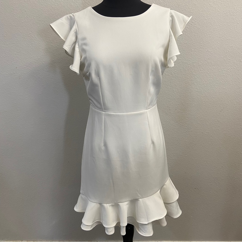 TCEC Women Small White Mini Dress Ruffle Flutter Sleeve V-Back Tiered